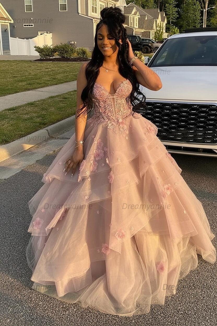 Dreamyannie Sage Prom Dress Floral Tiered Ruffles A-Line Sweetheart Corset Long Formal Dress