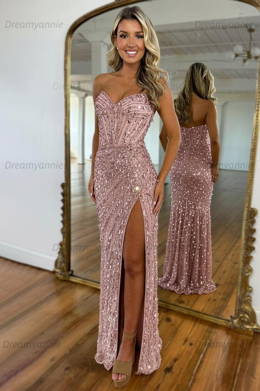 Sweetheart Mermaid Sequined Prom Dress With High Slit Skirt Formal Evening Gown