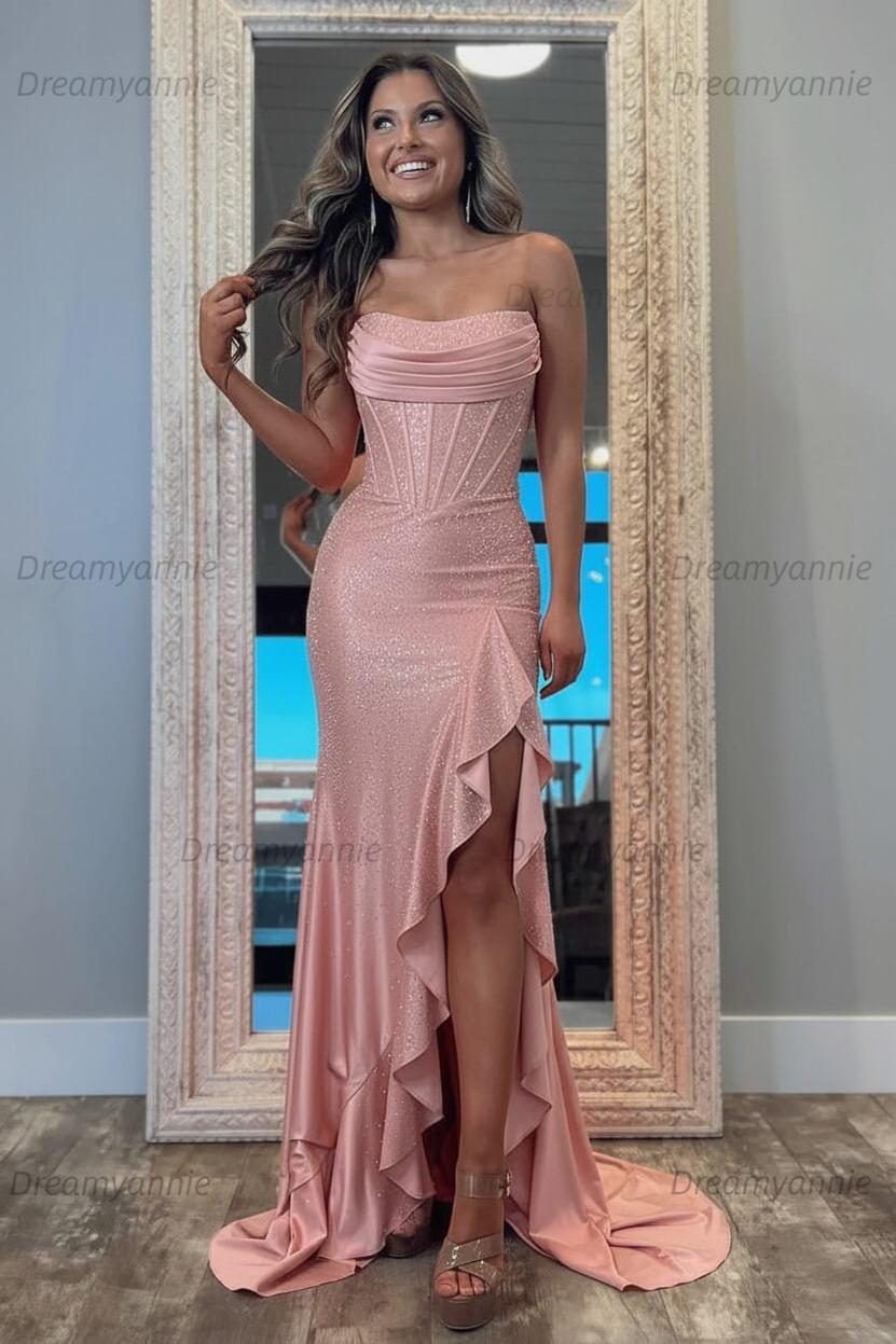 Hot Pink Beaded Prom Dress Strapless Corset Ruffled Formal Dress With Slit