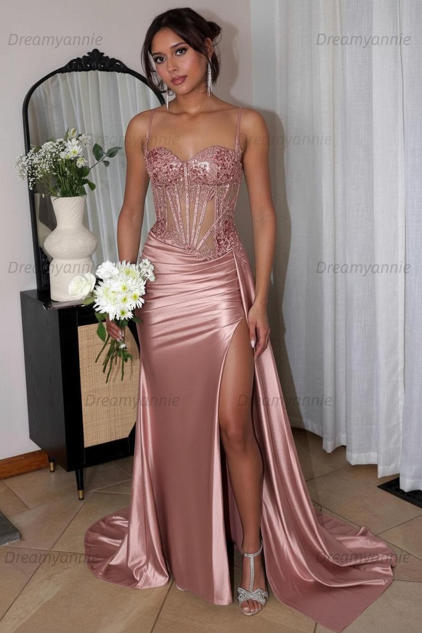 Corset Sequined Prom Dress Satin Appliqued Long Evening Dress With Slit