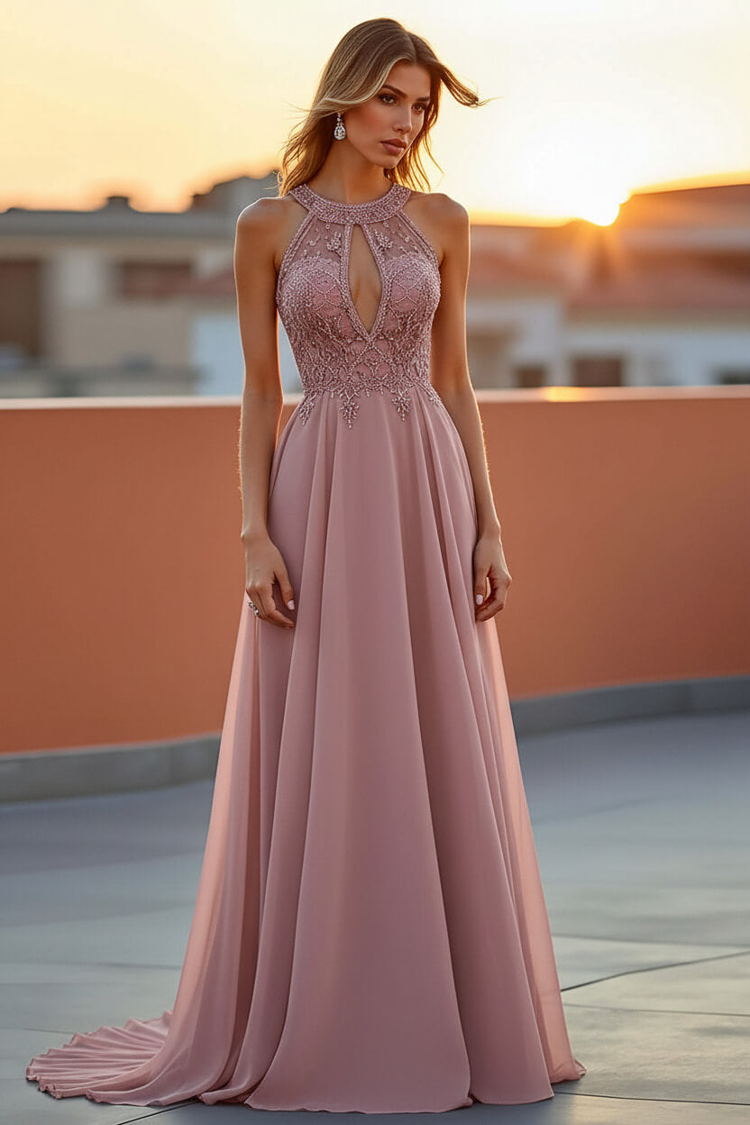 Dreamyannie Beaded Navy Wedding Guest Dress Halter Long Formal Dress With Embroideries