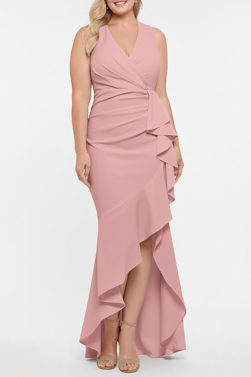 V Neck Sleeveless Plus Size Long Sheath Column Mother of the Bride Dresses with Ruffles