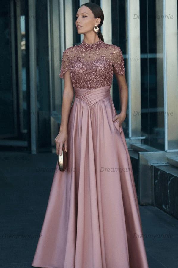 Green A Line Prom Dress Short Sleeve High Neck Beaded Formal Dress