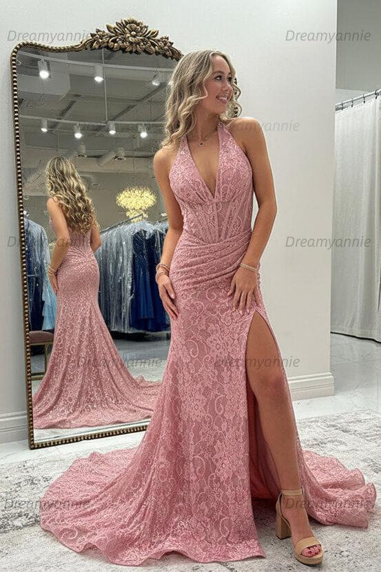 Dreamyannie Halter Pink Prom Dress Long Lace Formal Dress With Slit