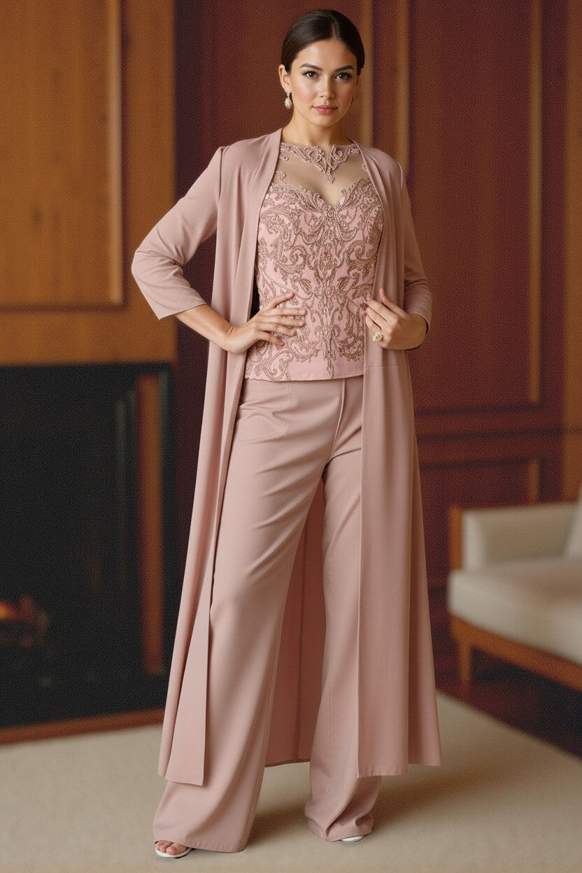 Dreamyannie Light Blue Bateau Neck Chiffon 3 Piece Mother Of The Bride Pant Suits With Jacket