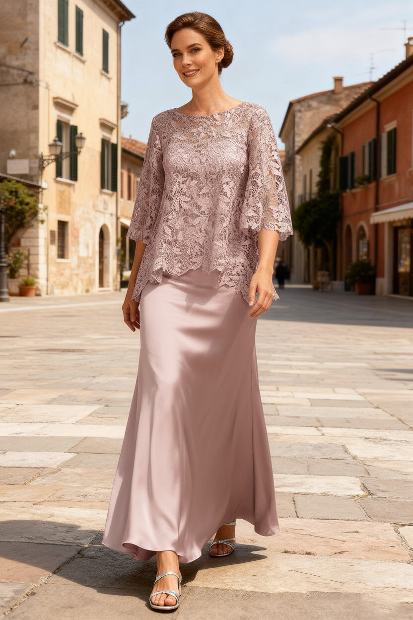 Dreamyannie Dusty Sage Satin Bateau Neck Ankle Length Mother Of The Bride Dress With Sleeves