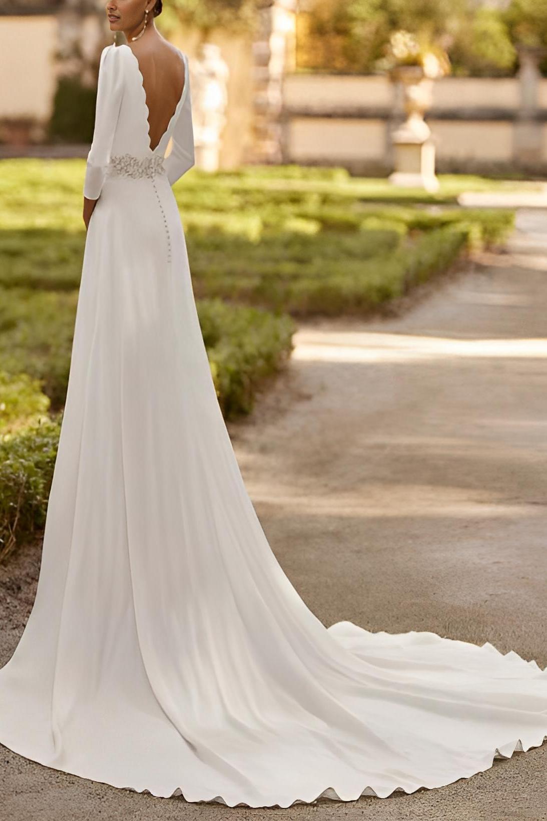 Elastic Satin Wedding Dress with A Line 3/4 Sleeves and Court Train