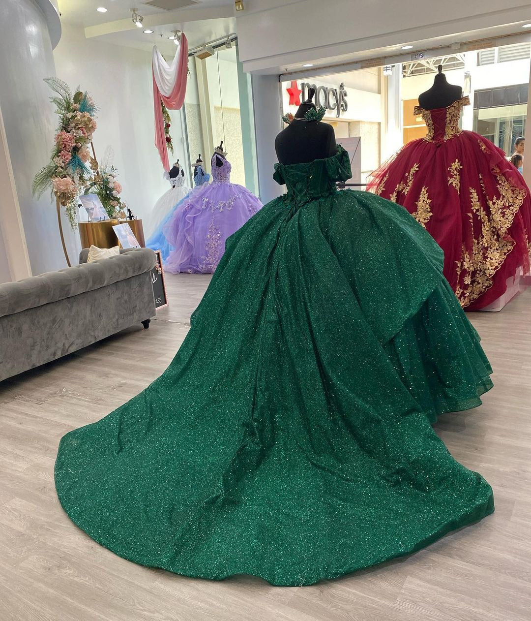 Elegant Ball Gown Off Shoulder 3D Flower Appliques Dark Green Tulle Birthday Party Gown Quinceanera Dress For Sweet 16 Dress