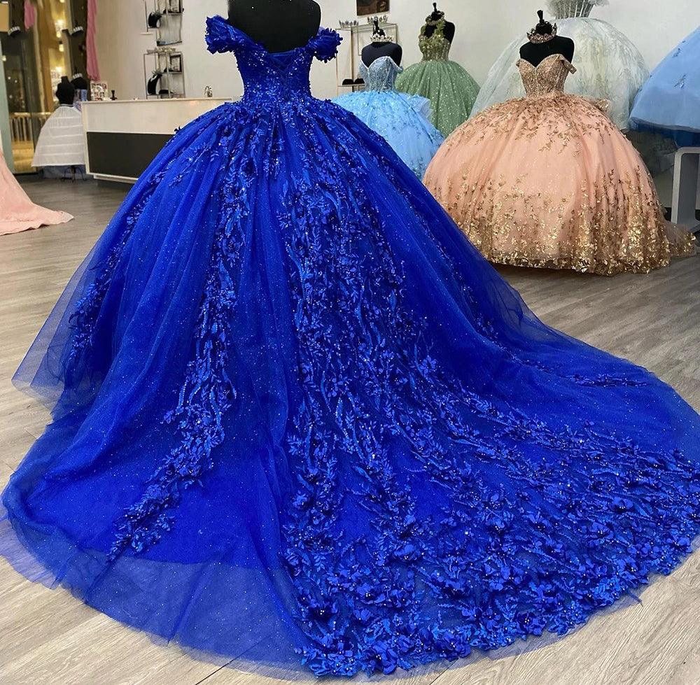 Elegant Ball Gown Off Shoulder Flowers Lace Appliques Beaded Royal Blue Tulle Quinceanera Dress Princess Prom Gown For Sweet 16