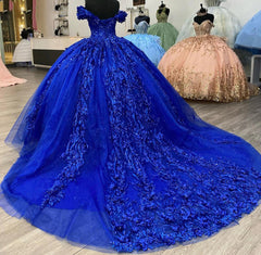 Elegant Ball Gown Off Shoulder Flowers Lace Appliques Beaded Royal Blue Tulle Quinceanera Dress Princess Prom Gown For Sweet 16