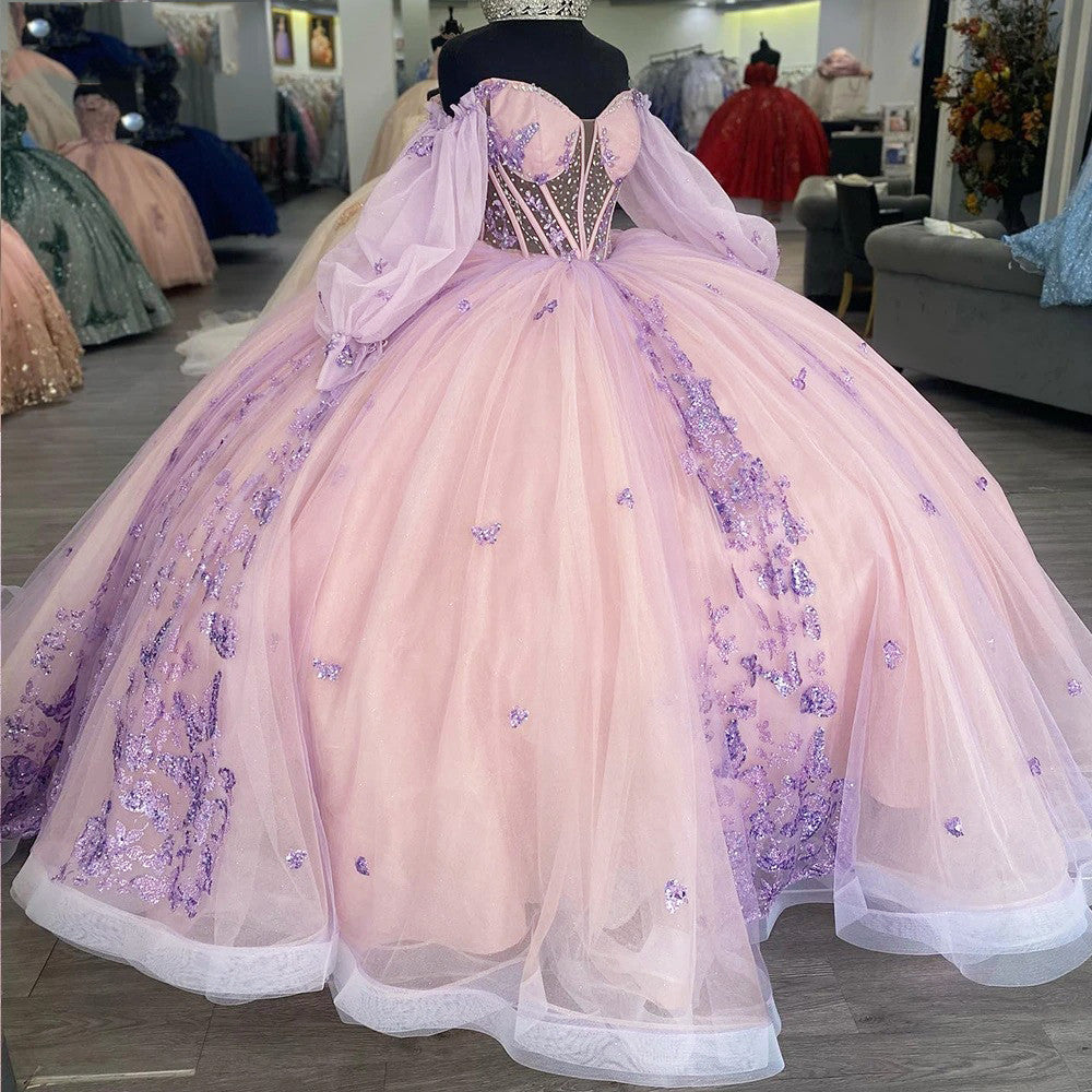 Elegant Ball Gown Off Shoulder Long Lantern Sleeves 3D Butterfly Appliques Beaded Pink Tulle Princess Gown Quinceanera Dress For Sweet 16