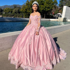 Elegant Ball Gown Off Shoulder Long Sleeves Lace Appliques Beaded Pink Satin Quinceanera Dress For Sweet 16