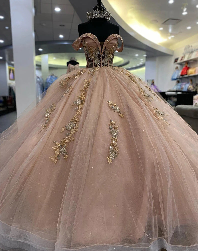 Elegant Ball Gown Off Shoulder Sleeveless Lace Sequins Appliques Beaded Sweep Train Rose Pink Tulle Quinceanera Dress Princess Gown For Sweet 16