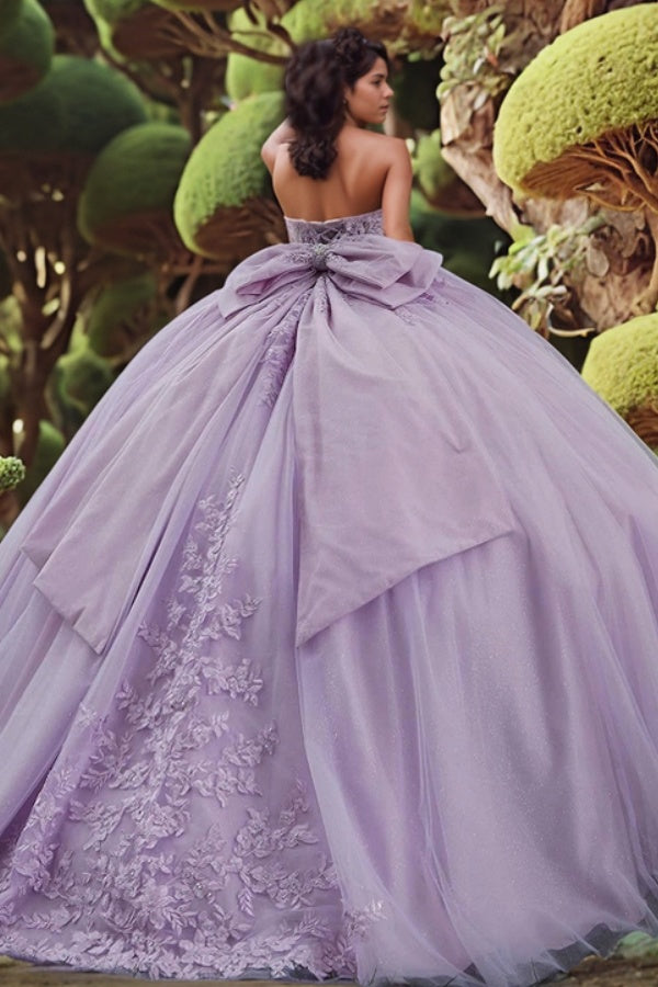Elegant Ball Gown Sweetheart Neck Sleeveless Beaded 3D Flower Appliques Lace Up Bow Knot Purple /Lalic Tulle Quinceanera Dress Birthday Party Gown For Sweet 16