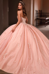 Elegant Ball Gown Sweetheart Neck Spaghetti Straps Flower Lace Appliques Pink Tulle Quinceanera Dress Evening Party Gown