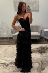 Elegant Black Sweetheart Mermaid Lace Prom Dress With Ruffle Skirt Formal Evening Gown