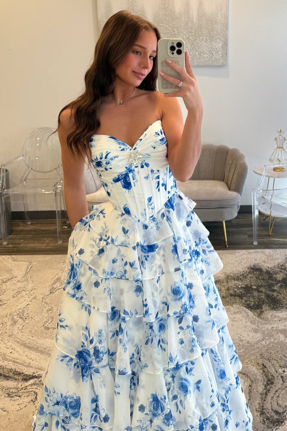 Elegant Blue Floral Sweetheart Tiered Prom Dress With Corset Bodice Formal Evening Gown