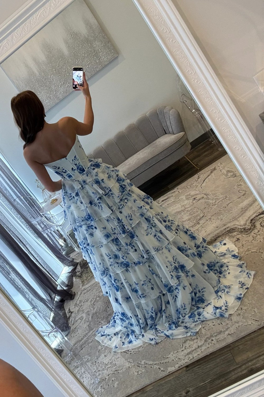 Elegant Blue Floral Sweetheart Tiered Prom Dress With Corset Bodice Formal Evening Gown
