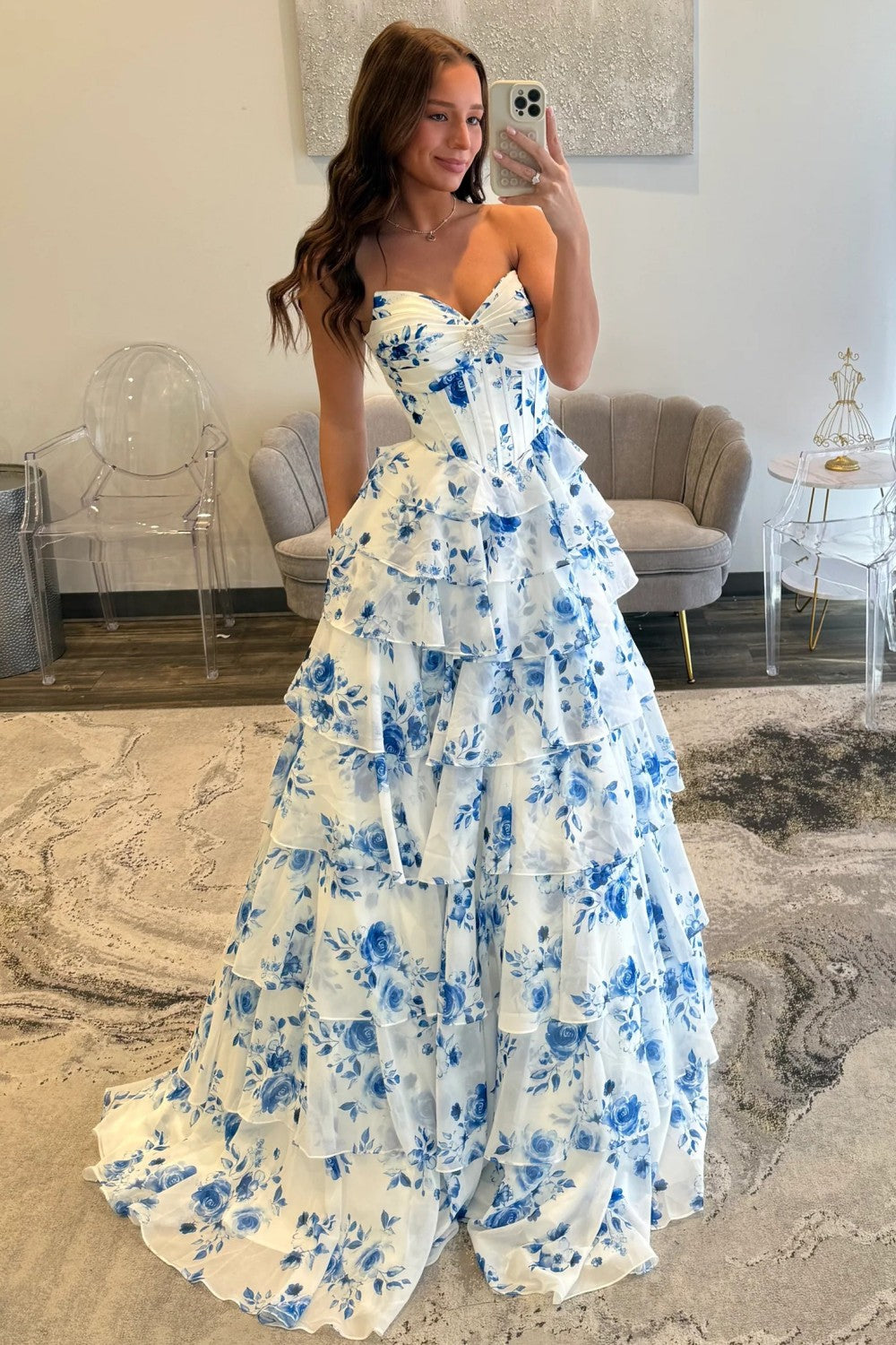 Elegant Blue Floral Sweetheart Tiered Prom Dress With Corset Bodice Formal Evening Gown