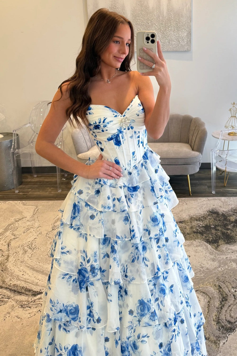 Elegant Blue Floral Sweetheart Tiered Prom Dress With Corset Bodice Formal Evening Gown