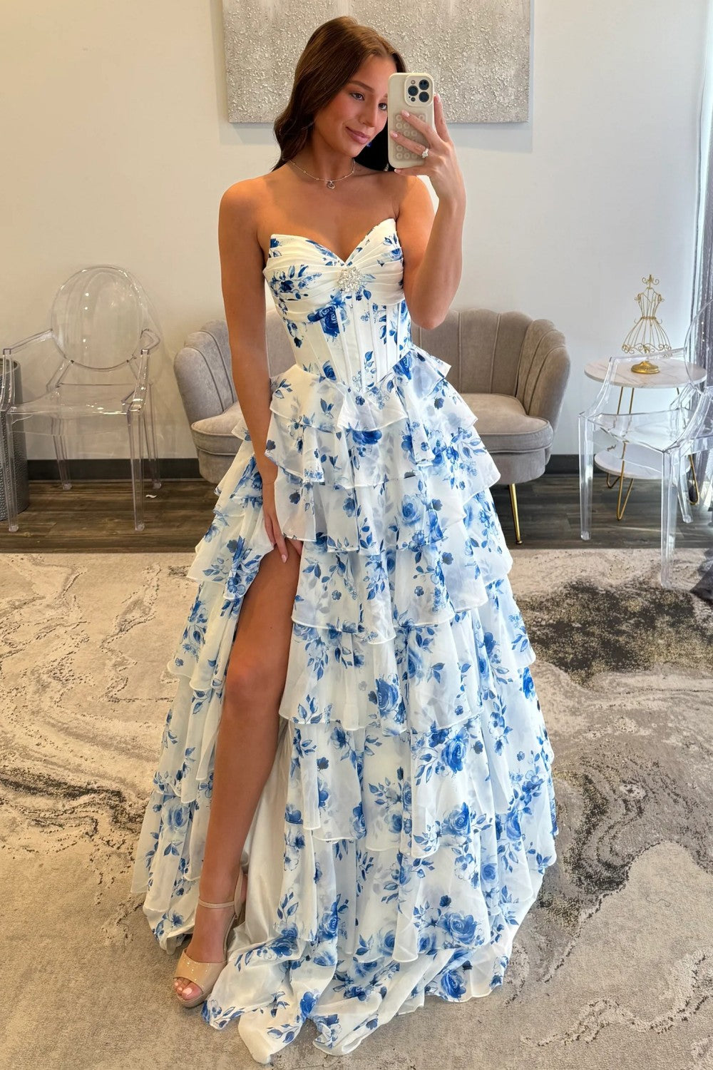 Elegant Blue Floral Sweetheart Tiered Prom Dress With Corset Bodice Formal Evening Gown