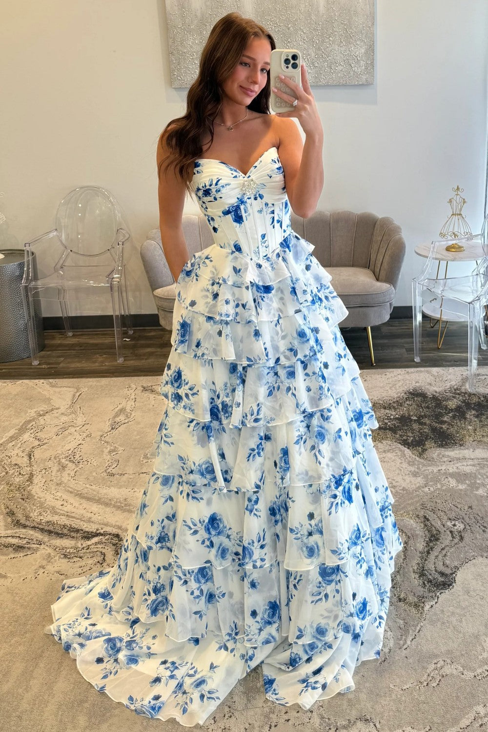 Elegant Blue Floral Sweetheart Tiered Prom Dress With Corset Bodice Formal Evening Gown