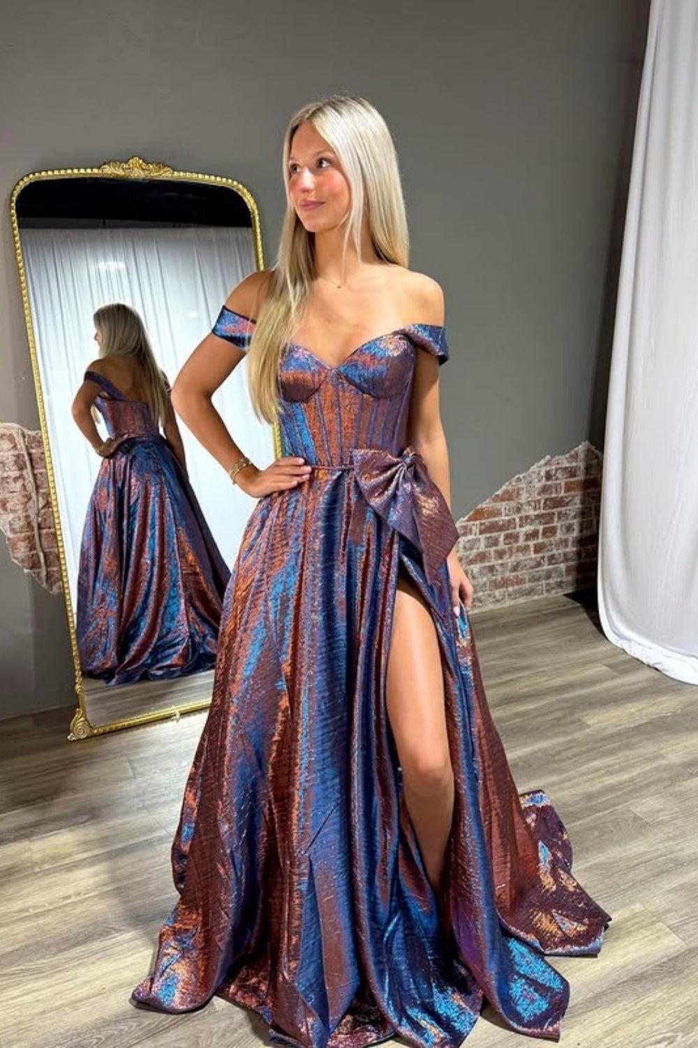 Elegant Blue Off The Shoulder Metallic A-Line Long Corset Prom Dress With Bow