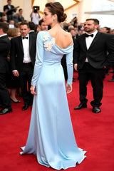 Elegant Blue Wedding Guest Dress A Line 3D Flowers Long Gala Dress With Long Sleeves