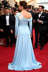 Elegant Blue Wedding Guest Dress A Line 3D Flowers Long Gala Dress With Long Sleeves