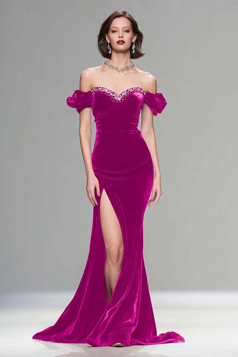 Elegant Burgundy Mermaid Long Velvet Holiday Party Dress With Beading