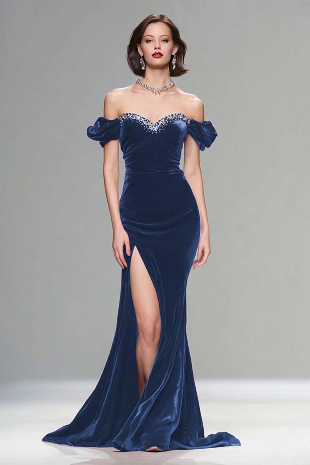 Elegant Burgundy Mermaid Long Velvet Holiday Party Dress With Beading