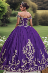 Elegant & Classic Ball Gown Off Shoulder Sleeveless Gold Flower Appliques Lace Up Dark Purple Tulle Quinceanera Dress Birthday Party Dress For Sweet 16