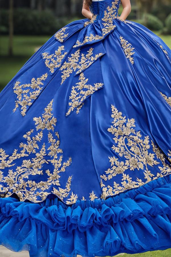 Elegant & Classic Ball Gown Sweetheart Neck Sleeveless Gold Appliques Tiered Royal Blue Tulle Quinceanera Dress Birthday Party Dress For Sweet 16