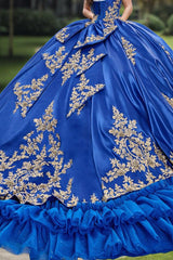 Elegant & Classic Ball Gown Sweetheart Neck Sleeveless Gold Appliques Tiered Royal Blue Tulle Quinceanera Dress Birthday Party Dress For Sweet 16