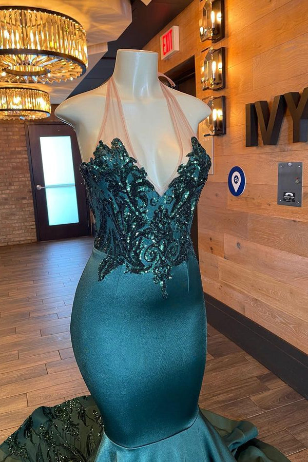 Elegant Dark Green Halter Mermaid Evening Dress with Sleeveless Appliques