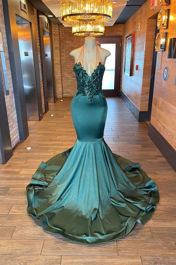 Elegant Dark Green Halter Mermaid Evening Dress with Sleeveless Appliques