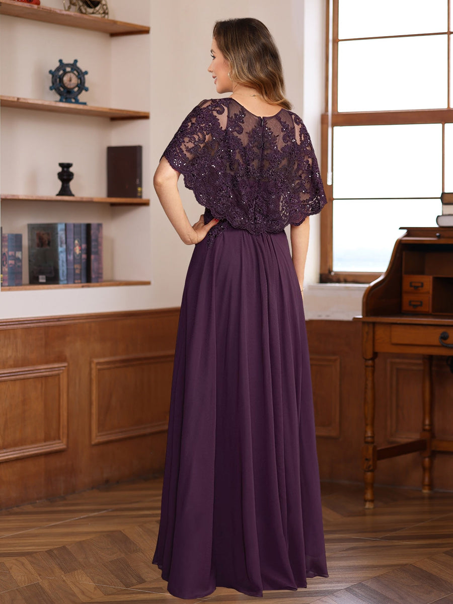 Elegant Long A Line Mother of the Bride & Groom Dresses with Round Neck and Lace Appliques
