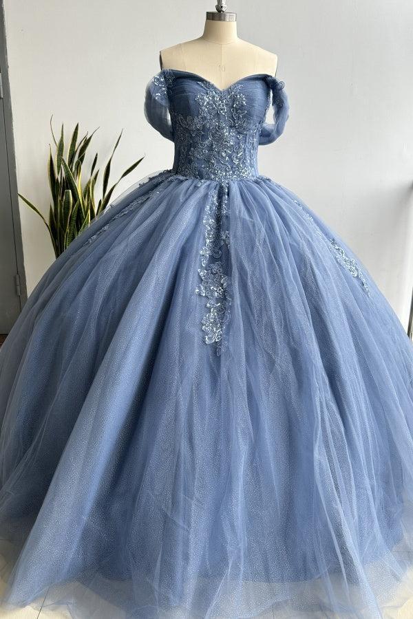 Elegant & Glamorous Ball Gown Off Shoulder Pleated Appliques Lace Up Navy Blue Tulle Quinceanera Dress Birthday Party Gown For Sweet 16