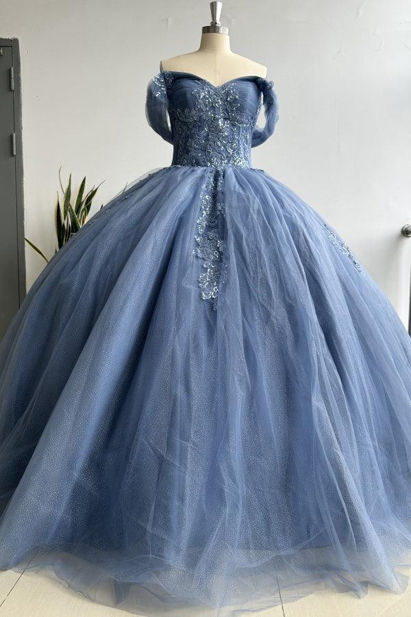 Elegant & Glamorous Ball Gown Off Shoulder Pleated Appliques Lace Up Navy Blue Tulle Quinceanera Dress Birthday Party Gown For Sweet 16