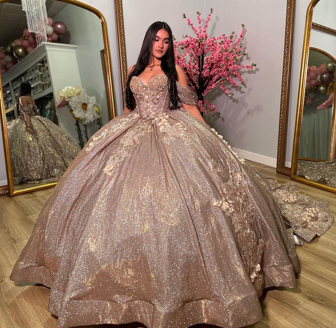 Elegant & Glitter Ball Gown Sweetheart Neck Off Shoulder Sweep Train Tulle Cocktail Party Gown Quinceanera Dress Princess For Sweet 16