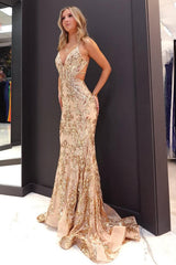 Elegant Gold Embellished Mermaid Prom Gown With Strappy Open Back Formal Evening Gown