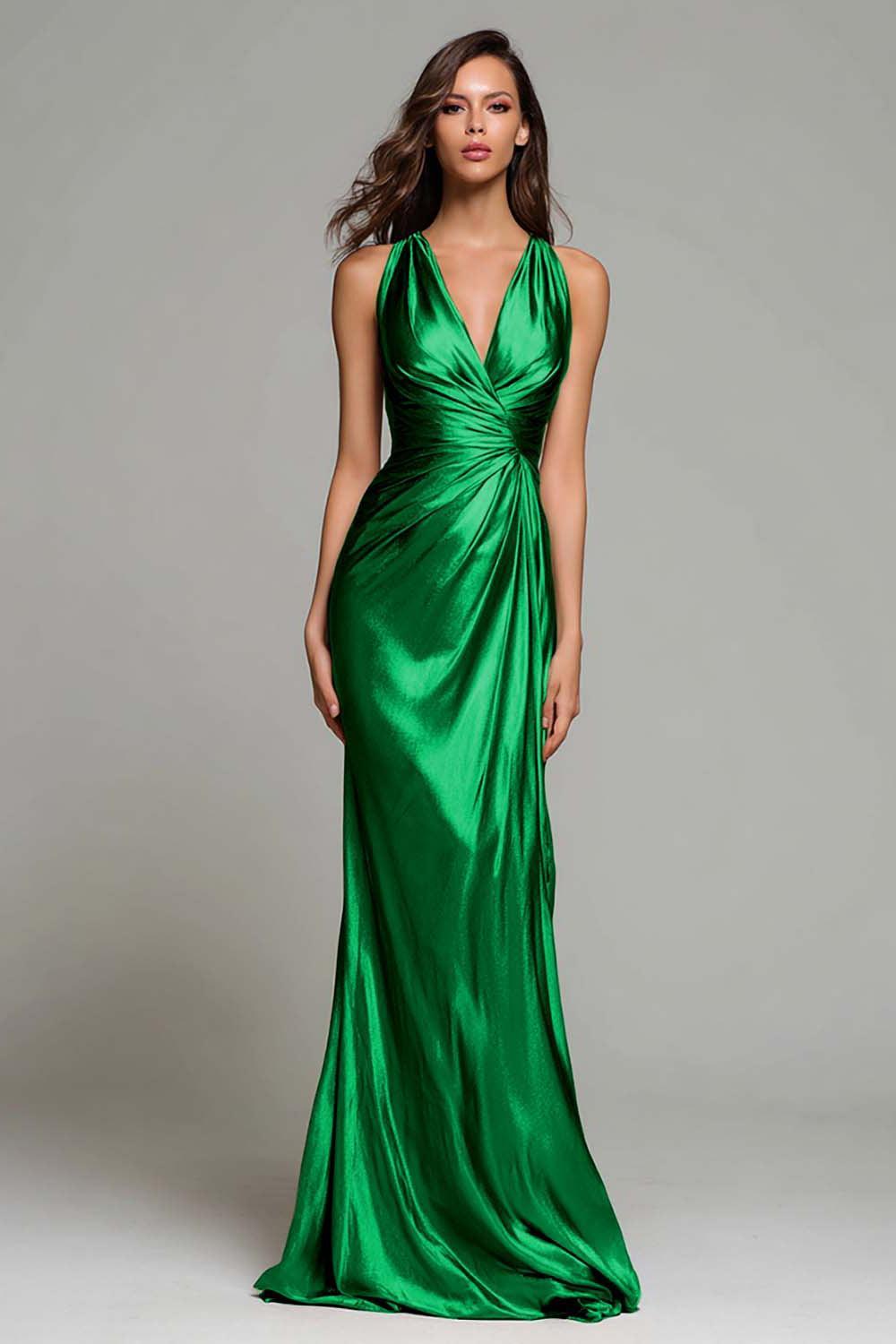 Elegant Gold Ruched V-Neck Mermaid Long Metallic Prom Dress