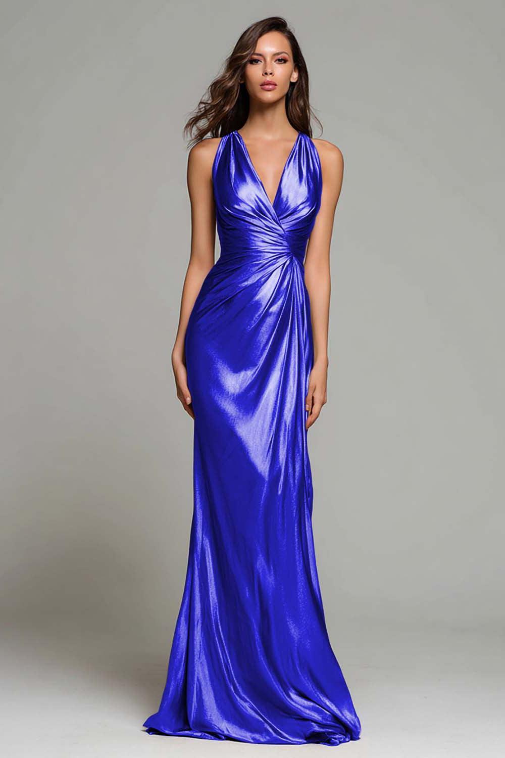 Elegant Gold Ruched V-Neck Mermaid Long Metallic Prom Dress
