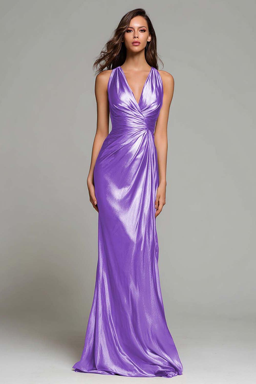 Elegant Gold Ruched V-Neck Mermaid Long Metallic Prom Dress