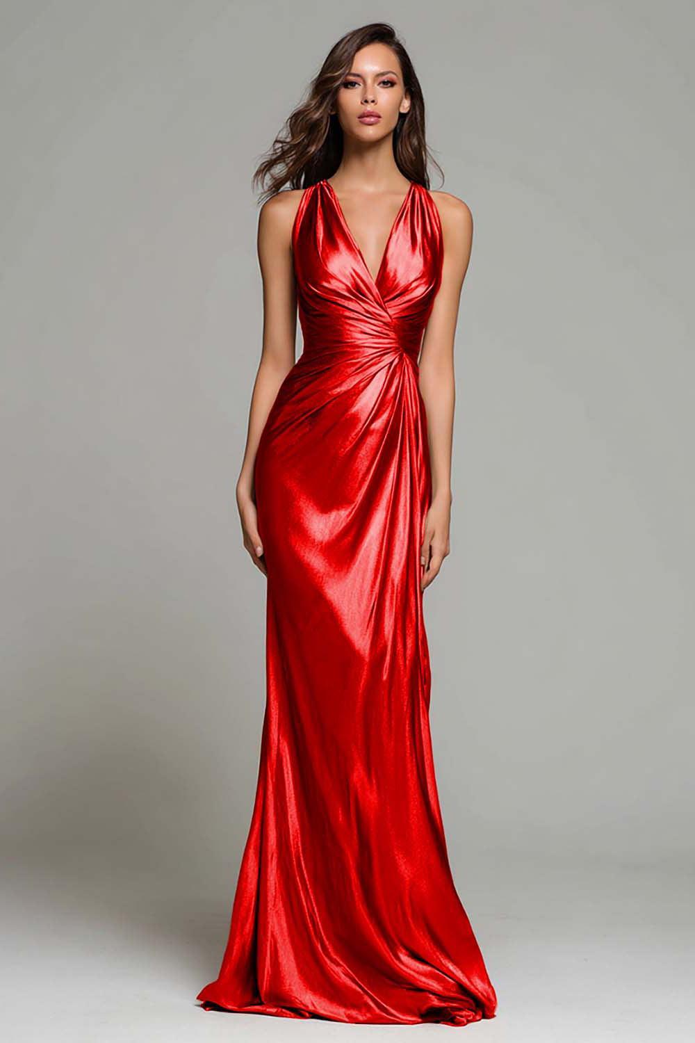 Elegant Gold Ruched V-Neck Mermaid Long Metallic Prom Dress
