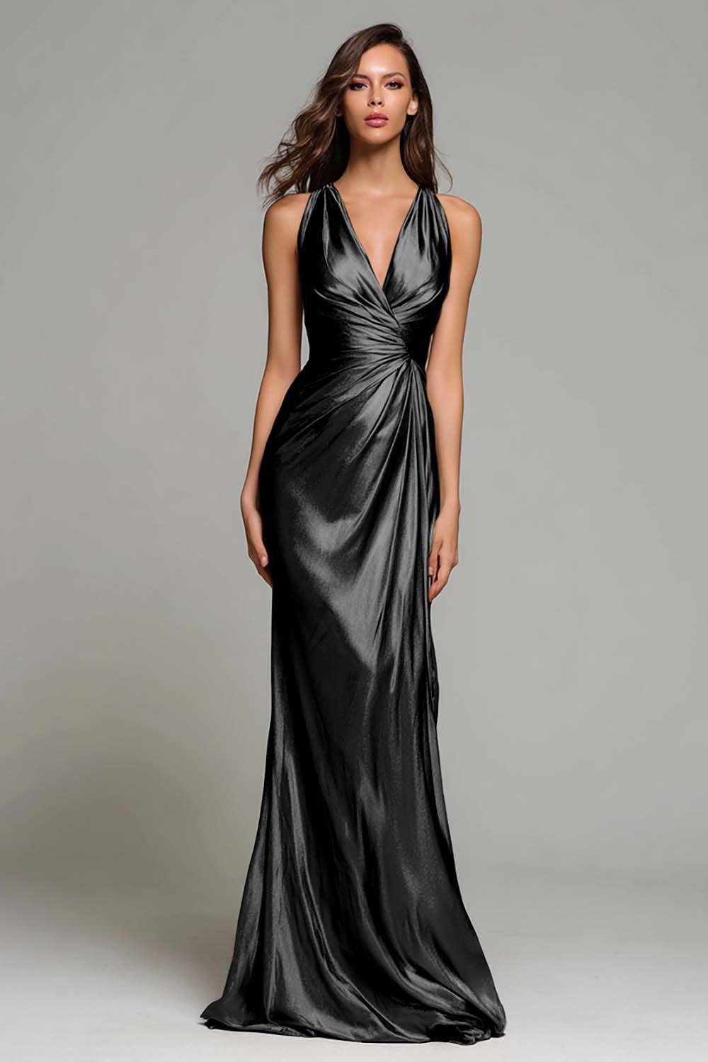 Elegant Gold Ruched V-Neck Mermaid Long Metallic Prom Dress