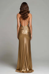 Elegant Gold Ruched V-Neck Mermaid Long Metallic Prom Dress