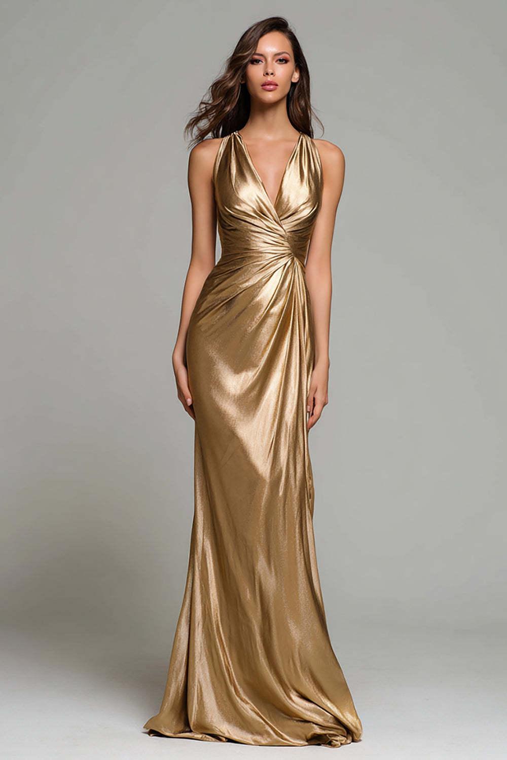 Elegant Gold Ruched V-Neck Mermaid Long Metallic Prom Dress