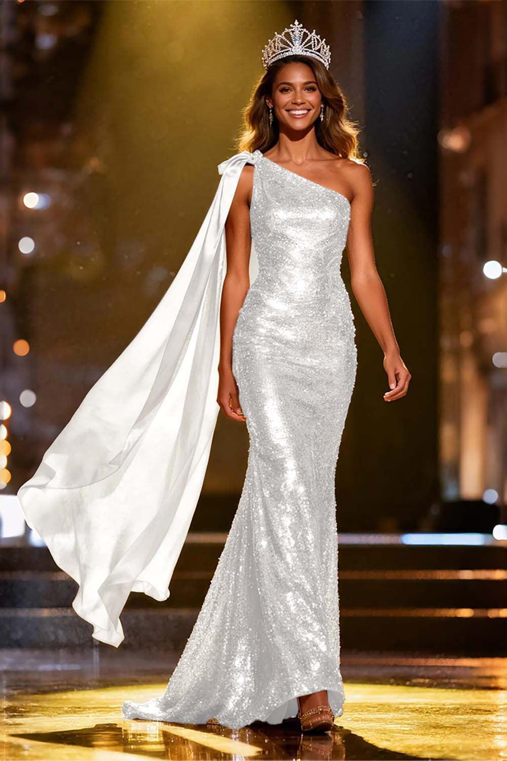 Dreamyannie Women Elegant Gold Sequin One Shoulder Long Pageant Dress