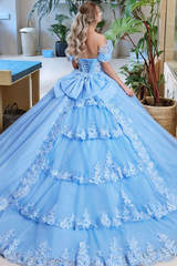 Elegant & Gorgeous Ball Gown Off Shoulder 3D Flower Appliques Sequins Blue Tulle Quinceanera Dress Evening Party Dress For Sweet 16